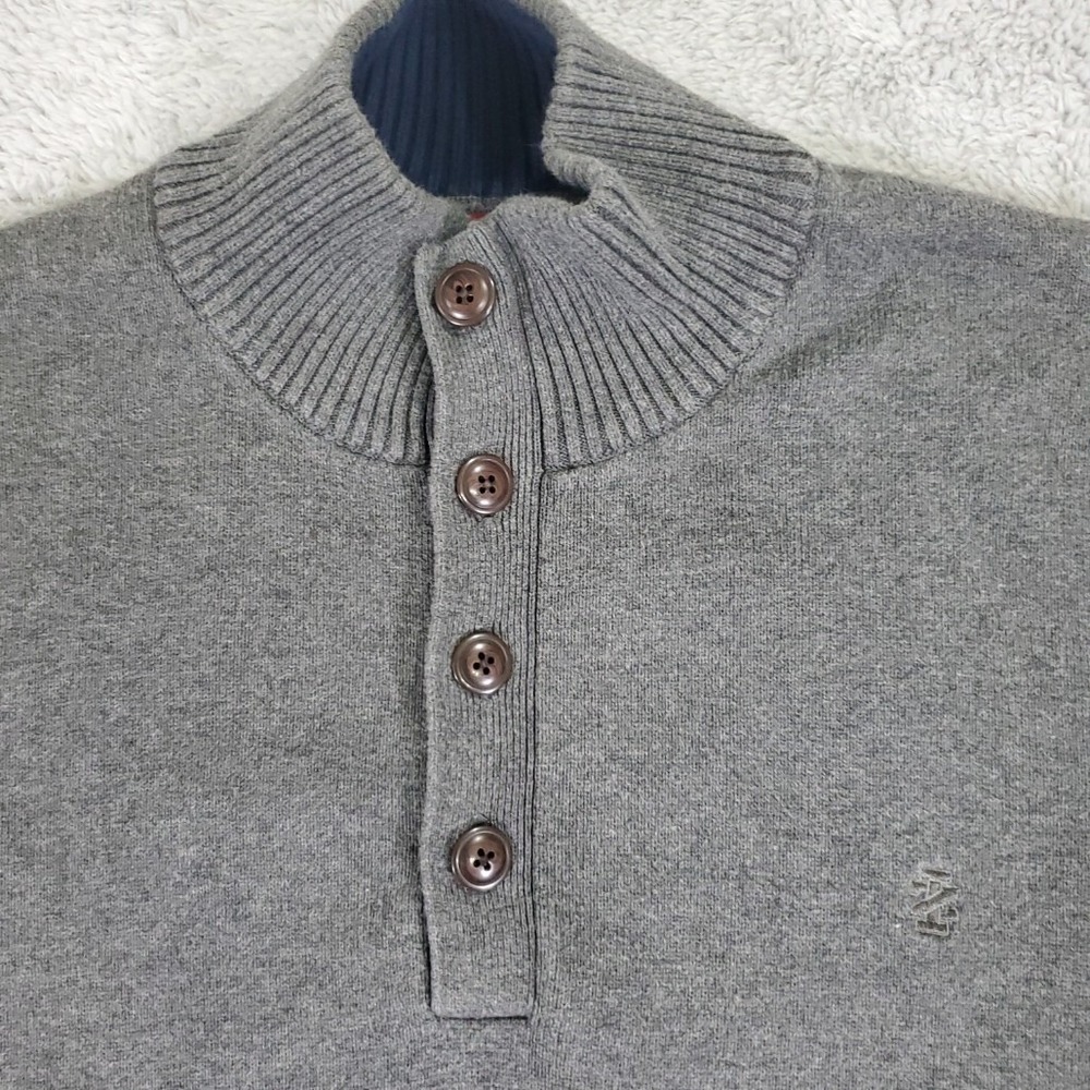 IZOD Mens XL Gray Quarter Button Mock Neck Sweater Navy Trim Preppy Grandpacore - Picture 8 of 14